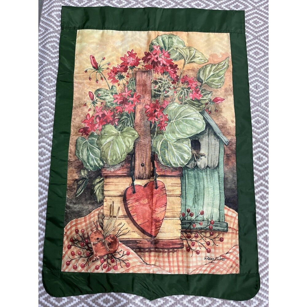 House Garden Flag Banner Floral Heart Birdhouse Spring Decor 42x28.5